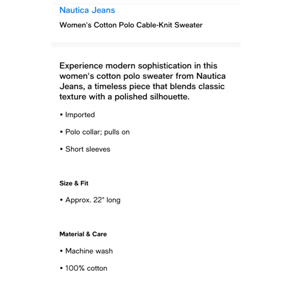 NWT Women's Nautica Jeans Ivory Cable-Knit Short Sleeve Polo Sweater S - Picture 12 of 12